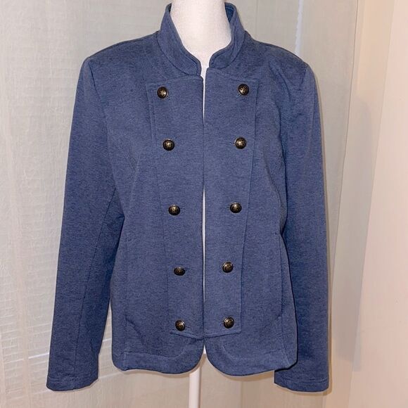 TH XL Blue Heathered Military Style Open Front Knit French Terry Cloth Jacket - Picture 1 of 14